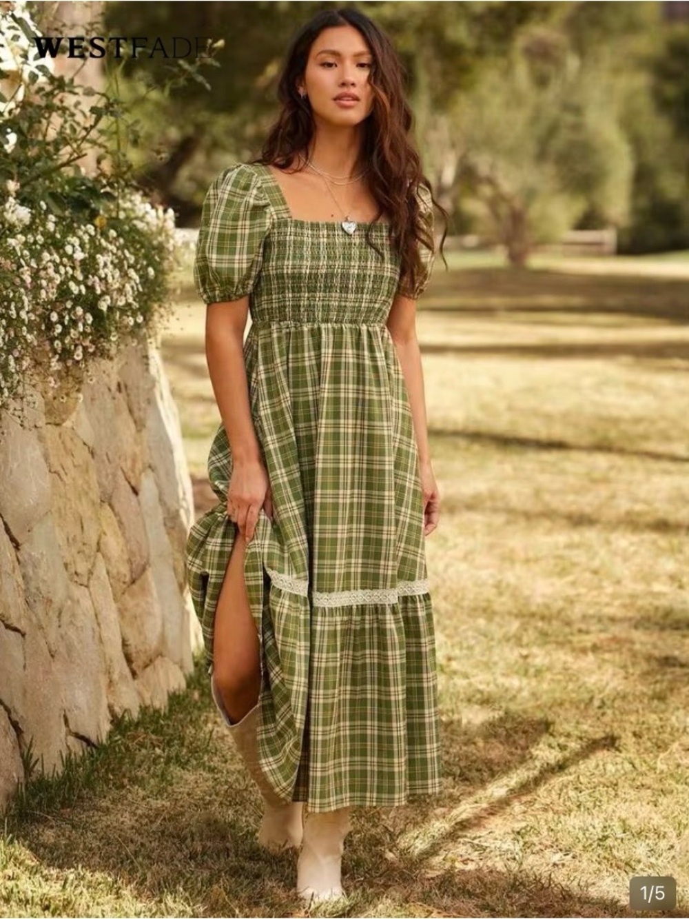 WESTFADE Western Plaid Smocked Square Neck Short Puff Sleeve Crochet Trim Dress